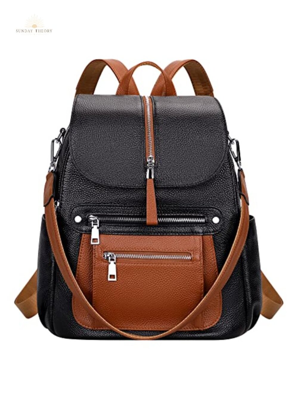 Genuine Leather Backpack Women Multi Pockets Flap Work Travel Daypack